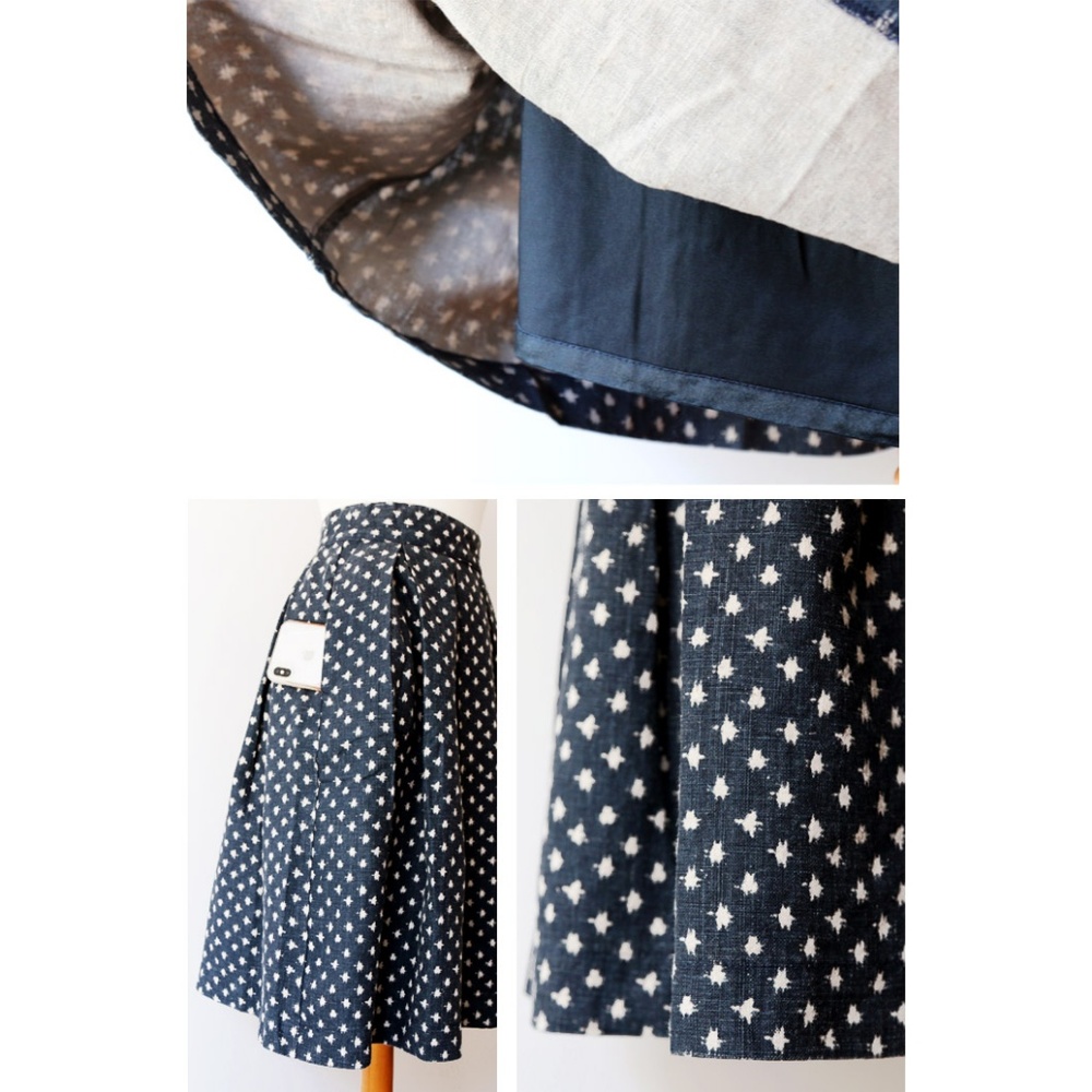 Navy Blue 100% Linen Pleated Retro Cute Midi Skirt - Picture 6 of 8